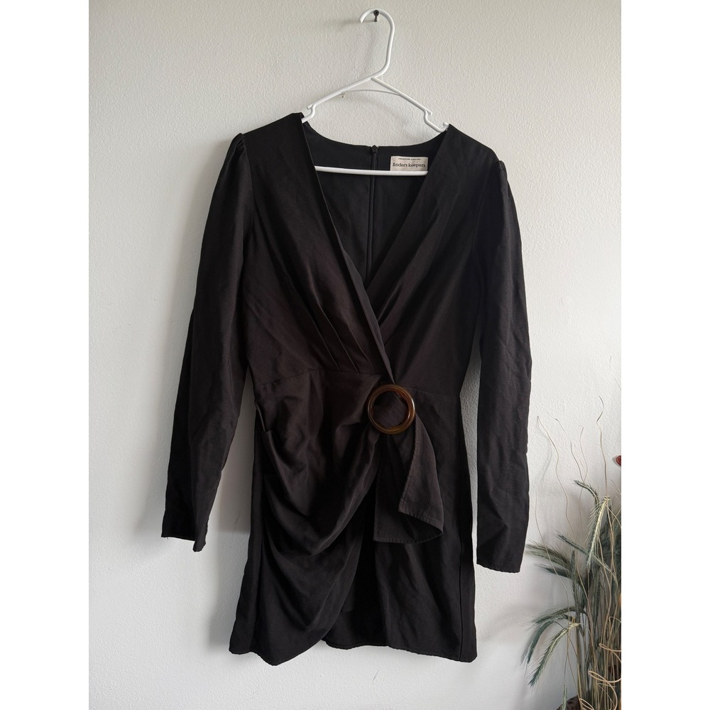 Finders Keepers Black Tortoise Ring Wrap Mini Dress Long Sleeve V-Neck Size 8 L